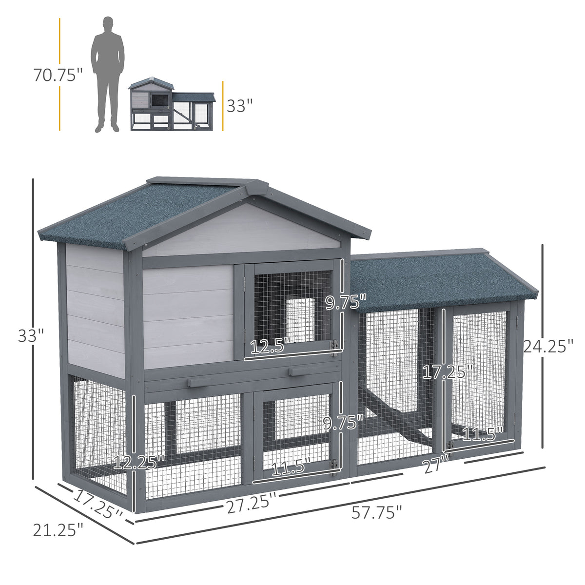 58" Large Rabbit Hutch Outdoor Indoor, Wooden Bunny Hutch, Guinea Pig Cage with Run, Removable Tray, Asphalt Roof, Locka