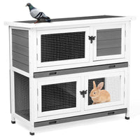 2 Story Solid Wood Rabbit Hutch Bunny Cage with 2 Large Main Rooms, Indoor Outdoor Rabbit House Guinea Pig Cage Pet Hous