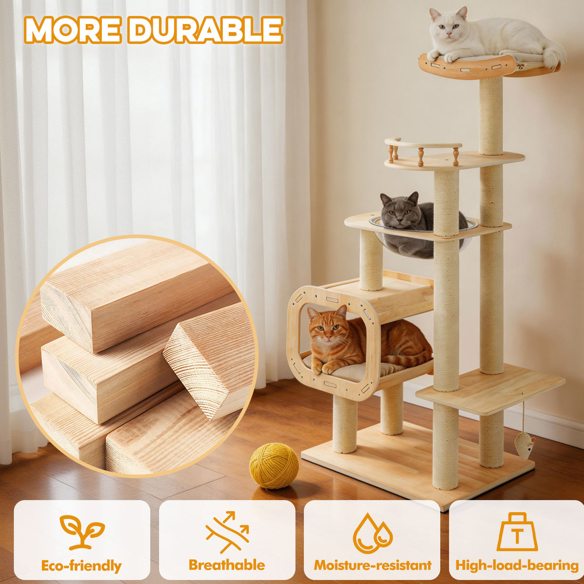 Modern Heavy-Duty No-Drill Cat Tree-Solid Wood Multi-Story Board, 4-Story Multi-Column Cat Tower, 57.9in For Multi-Cat H