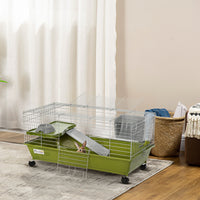 35"L Small Animal Cage, Rolling Bunny Cage, Guinea Pig Cage with Food Dish, Water Bottle, Hay Feeder, Platform, Ramp for