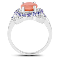 2.87 Carat Genuine Peach Moonstone and Tanzanite .925 Sterling Silver Ring