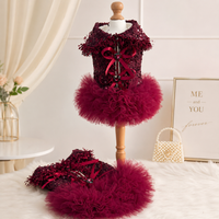 Luxury Burgundy Sequin Dog Dress – Handmade Pet Party Dress with Tulle Tutu Skirt & Rhinestone Heart Bows