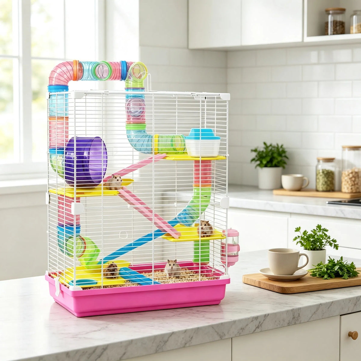 Pink 5-Tier Portable Hamster Cage for Short Trip Outing, Small Animal Travel Carrier with Tunnel Tubes