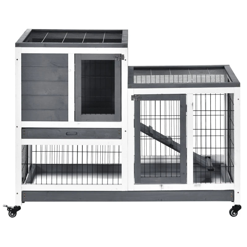 Wooden Rabbit Hutch Elevated Bunny Cage Indoor Small Animal Habitat With Enclosed Run With Wheels, Ramp, Removable Tray 