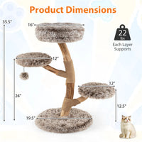 4-Level Natural Pear Wood Cat Tree - 19.5"x35.5", Jute Scratch Posts + Plush Ball, Long Plush