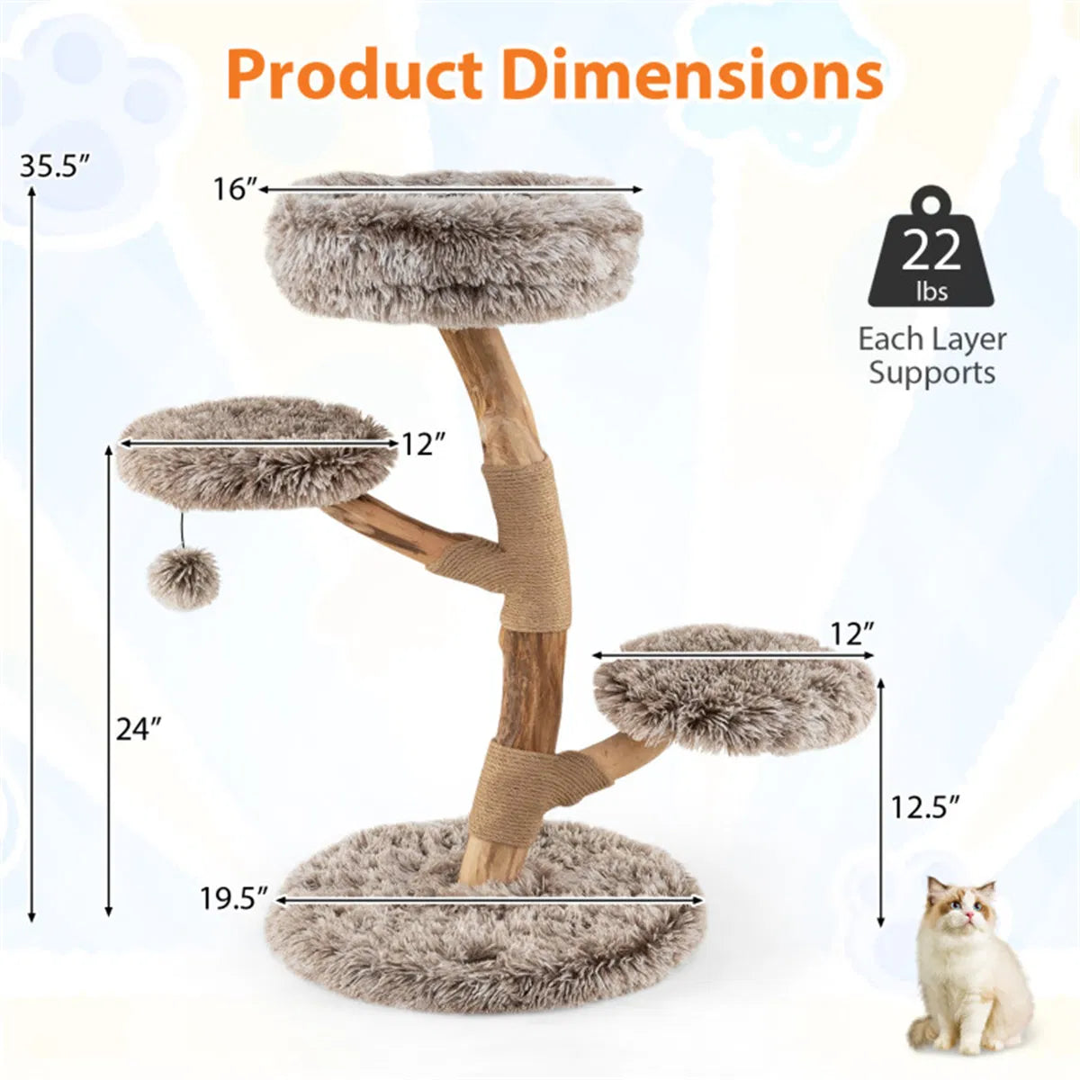 4-Level Natural Pear Wood Cat Tree - 19.5"x35.5", Jute Scratch Posts + Plush Ball, Long Plush