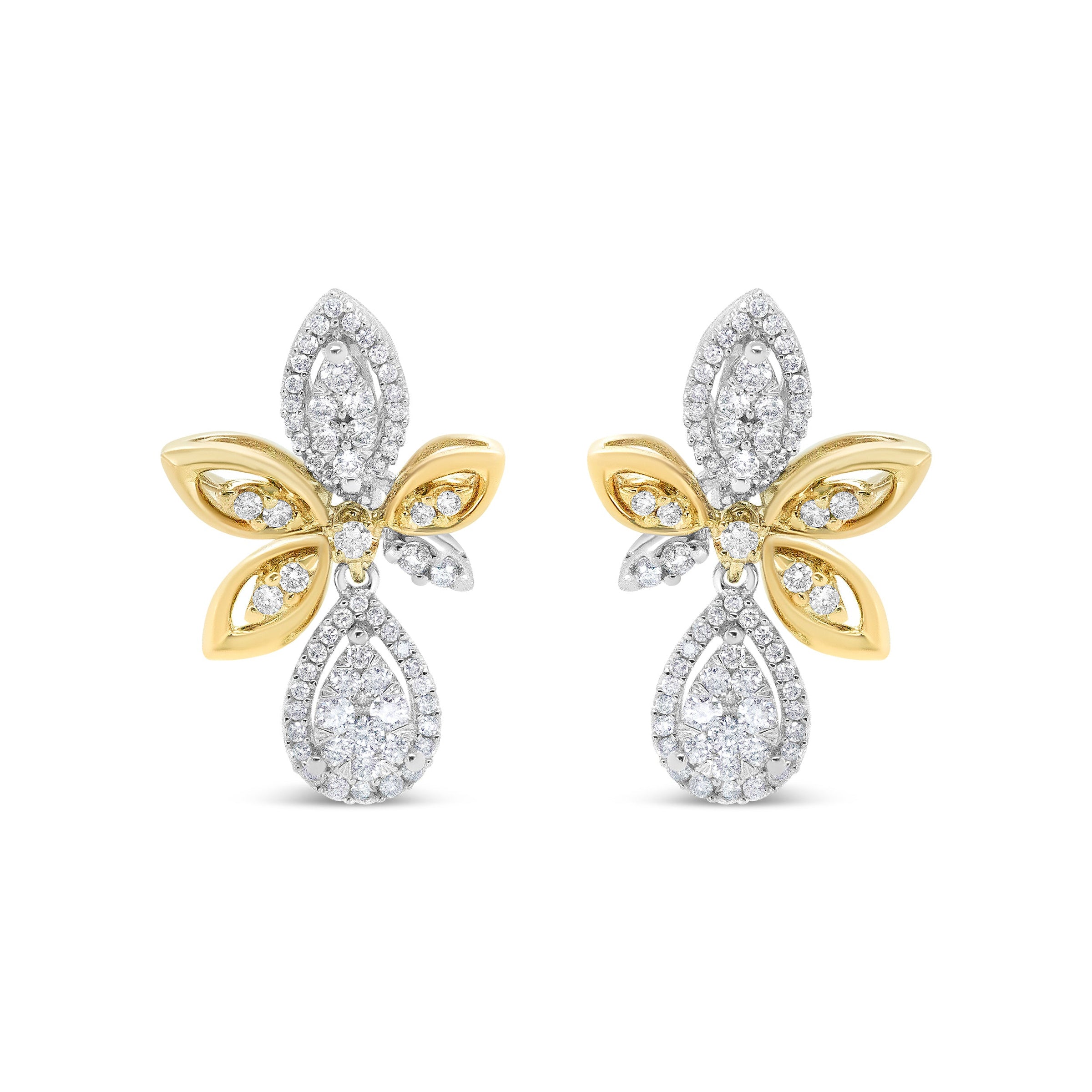 14K White and Yellow Gold 1.00 Cttw Round Pave-Set Diamond Teardrop and Marquise Shape Drop Dangle Earrings (H-I Color, SI1-SI2 Clarity)