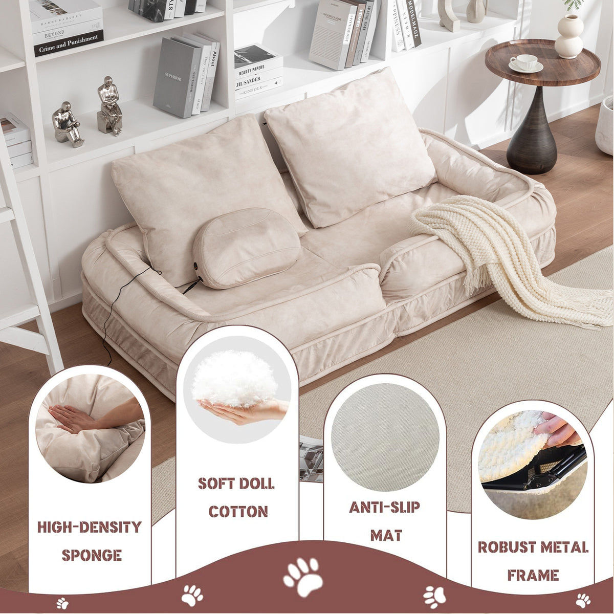 Upholstered Human Dog Bed for Adult & Pets,with 5 Adjustable Position &Massage Pillow, Bean Bag floor sofa with 2 Soft P