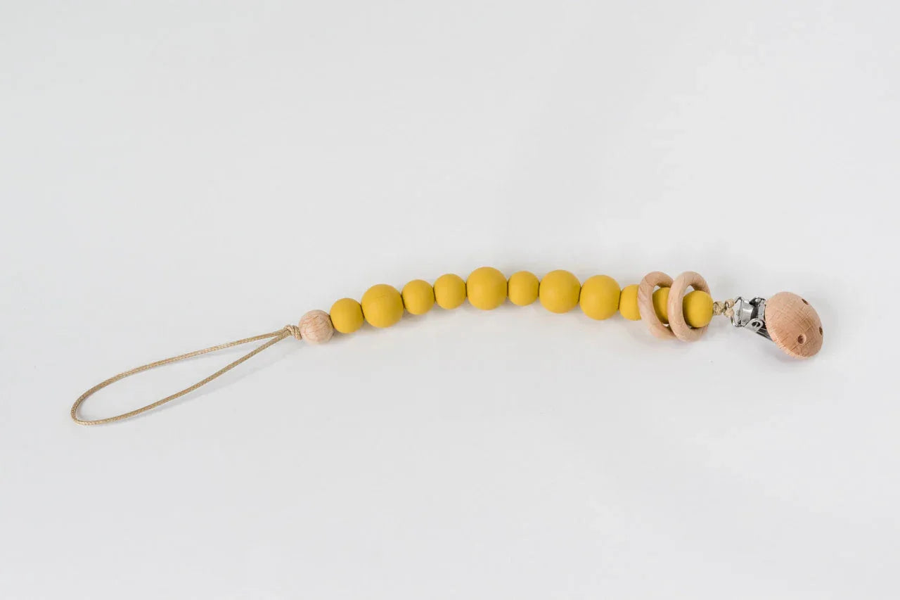 Mustard Silicone Bead & Wood Ring Pacifier Clip - BIG FRENCHIES