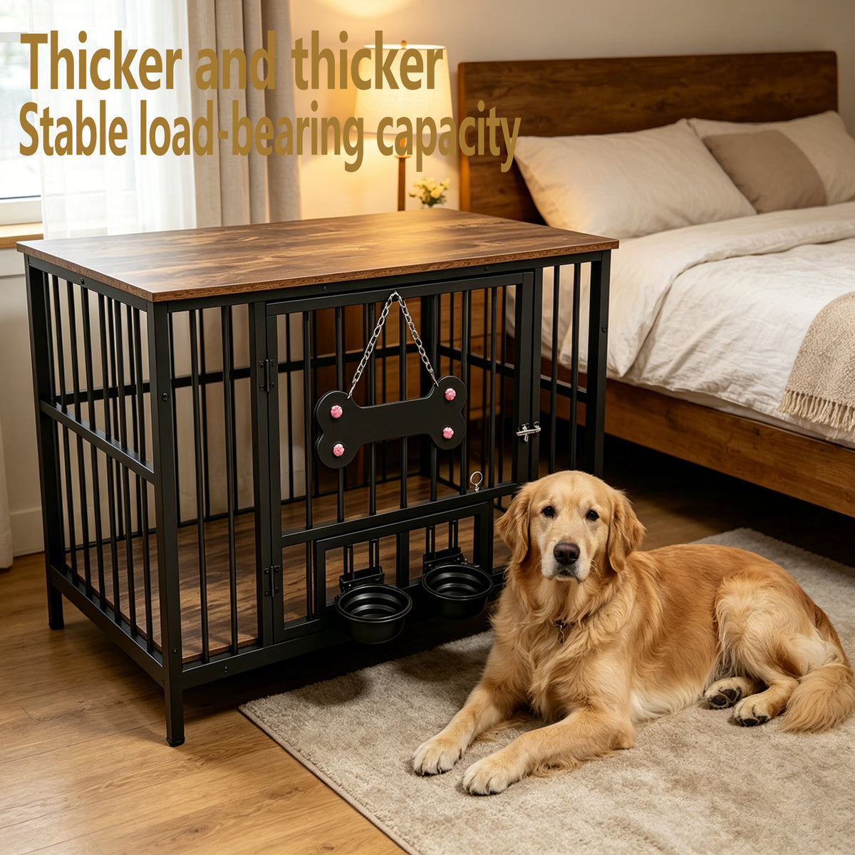 Vintage wood grain dog cage edge,360 degree rotating bowl with safety grade soft silicone material