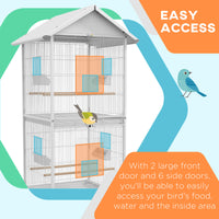Wrought Metal Bird Cage Feeder with Rolling Stand Perches Food Containers Doors Wheels 67" H, White