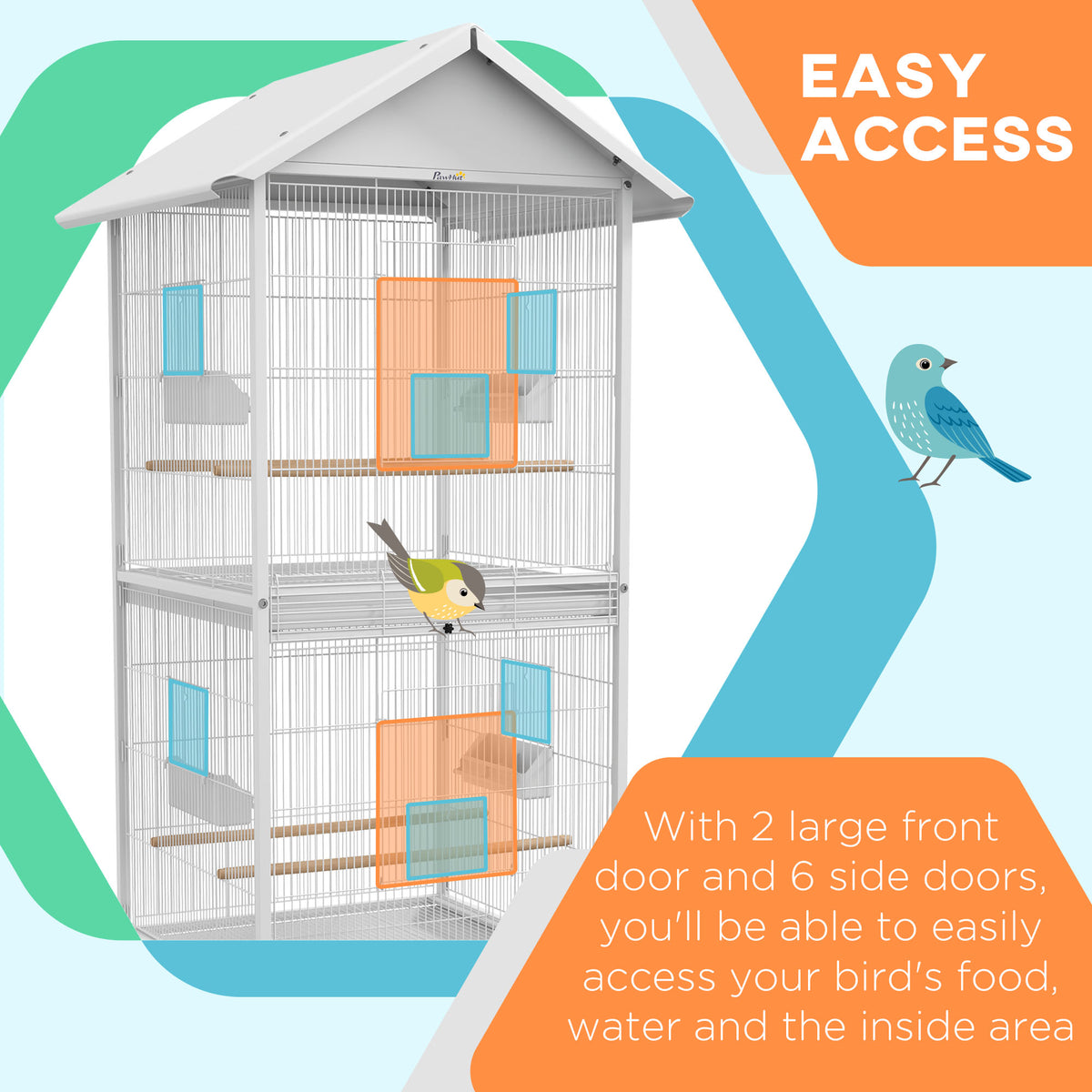 Wrought Metal Bird Cage Feeder with Rolling Stand Perches Food Containers Doors Wheels 67" H, White