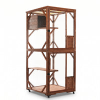 Large 2-Tier Outdoor Wooden Cat Enclosure on Lockable Wheels, Solid Fir Cat Cage with Multi-Level Platforms & Resting Ho
