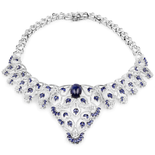40.93 Carat Genuine Glass Filled Sapphire and White Diamond .925 Sterling Silver Necklace