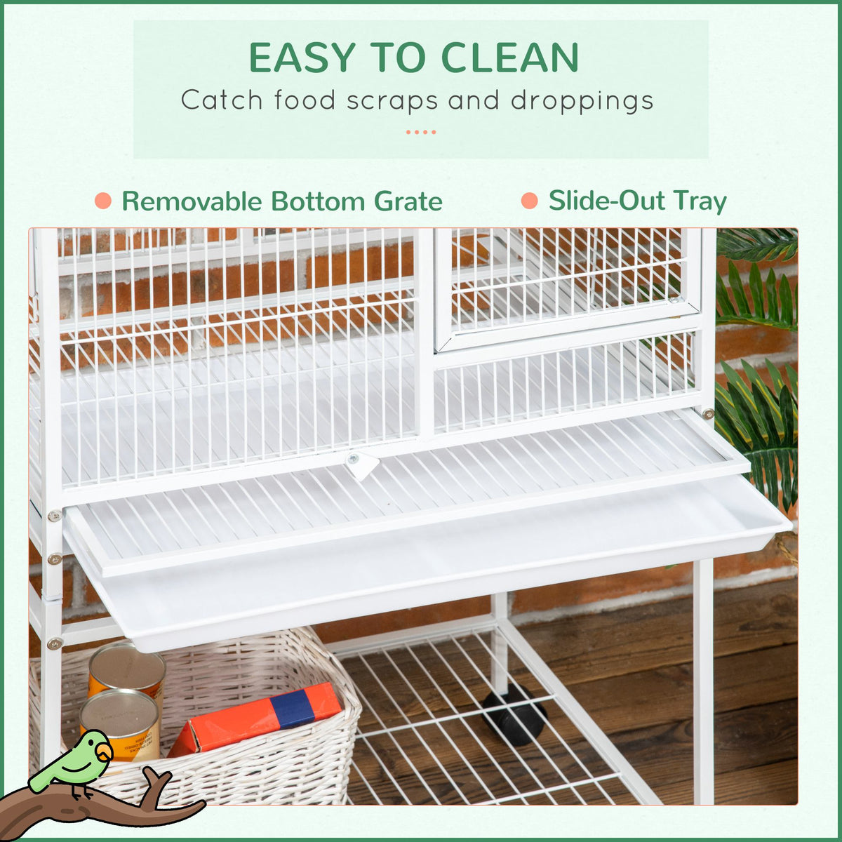 55" Large Parrot Cage with Toy Hooks Above Top Bird Perch, Tray, Food Cups, Rolling Stand, Bird Cage for Cockatiels, Par