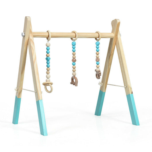 Portable 3 Wooden Newborn Baby Exercise Activity Gym Teething Toys Hanging Bar-Blue - BIG FRENCHIES