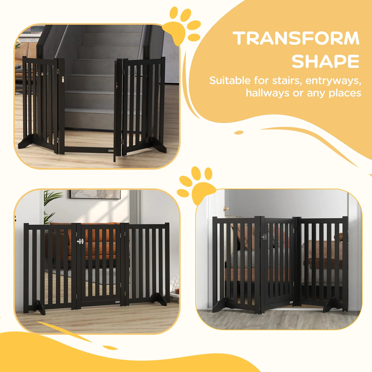 3-Panel Foldable Dog Gate with Feet for Medium Dogs and Below, Black
