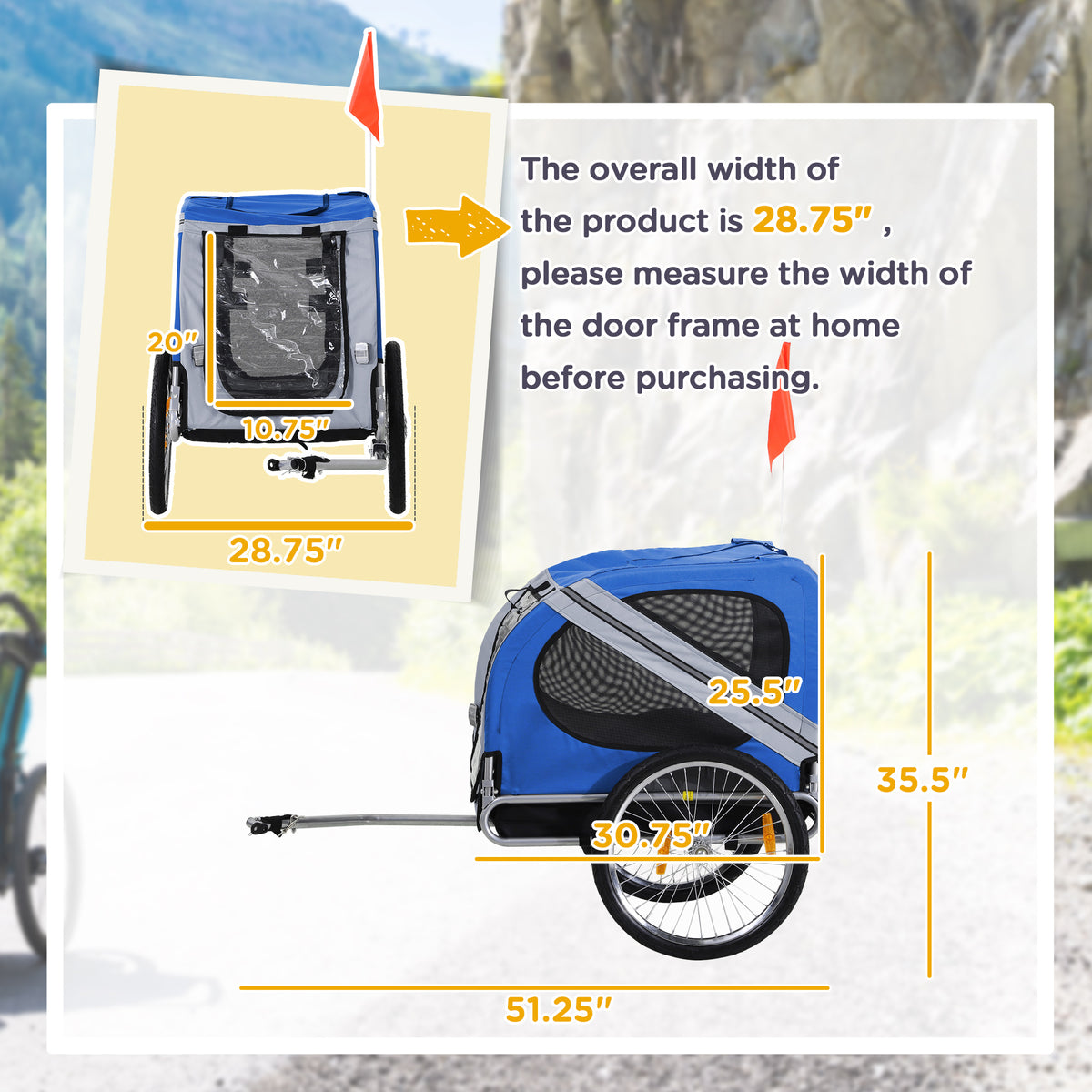 Dog Bike Trailer, Pet Wagon Bicycle Trailer with Easy Folding Cart Frame, 20" Large Rubber Wheels, 3 Entrances, Mesh Scr