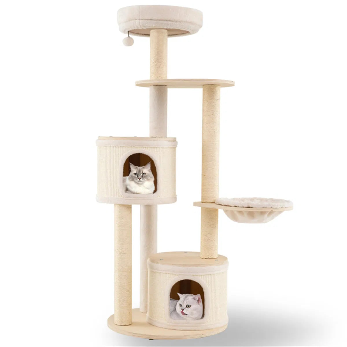 60 Inch Tall Wooden Cat Tree Multi-Level Cat Tower with Sisal Scratching Posts & Condos for Indoor Cats, Natural