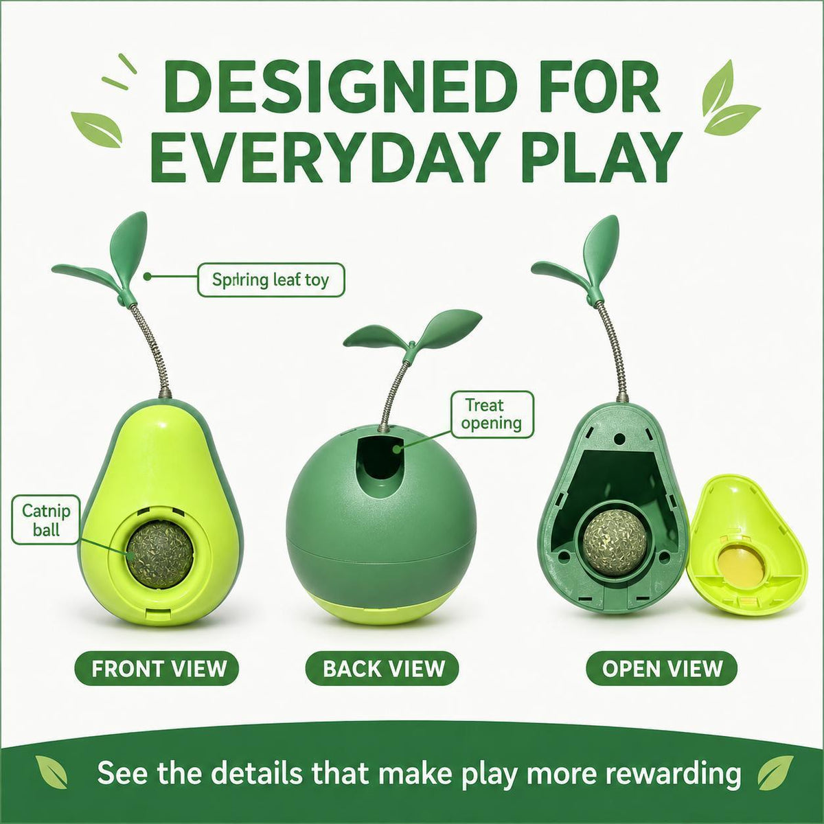 Avocado-Shaped Cat Tumbler Toy Interactive Wobble Toy That Self-Rights Includes Replaceable Feather & Catnip Ball Indoor