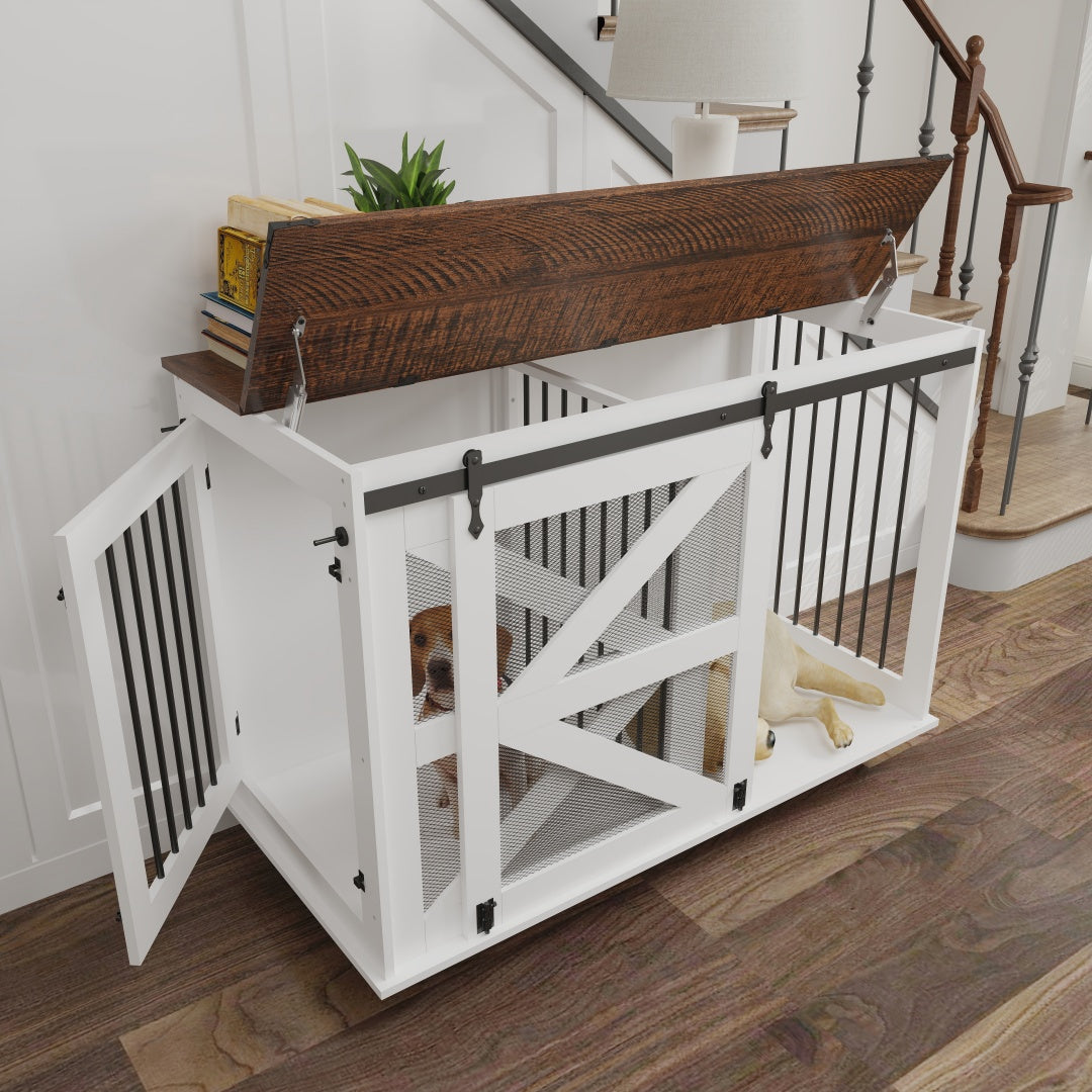 47.2 Mobile Dog Crate With Flip-Top Feeding Door, Dual-Access & 5 Caster System 2 Locking, Side Hooks - Multi-Functional
