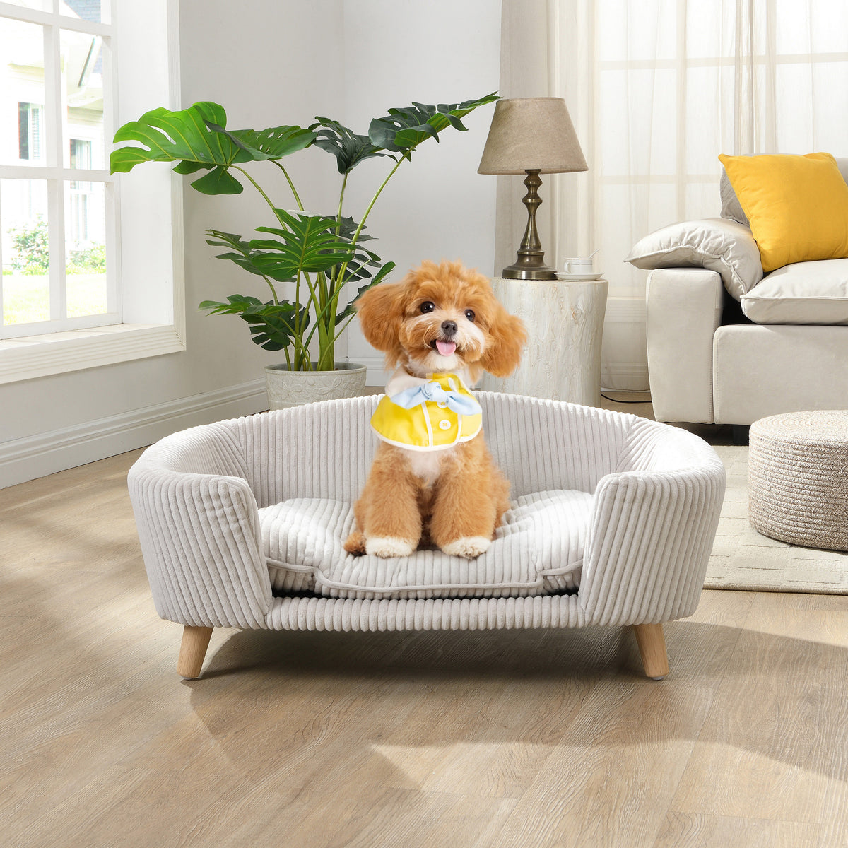 Elevated Dog Bed Frame for Small Dog, Corduroy Pet Couch Bed with Rubber Wood Legs and Supportive Foam, Beige , Easy Ass