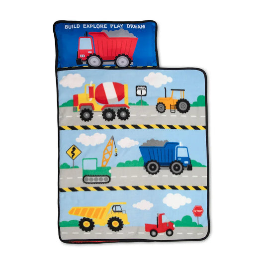 Construction Toddler Nap Mat - Includes Removable Pillow and Attached Fleece Blanket - BIG FRENCHIES