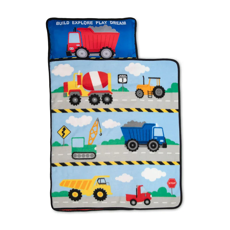 Construction Toddler Nap Mat - Includes Removable Pillow and Attached Fleece Blanket - BIG FRENCHIES