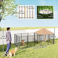 Outdoor Dog Kennel with Rotating and Adjustable Height Bowls, Waterproof UV-Resistant Cover, 11.3' x 4.7' x 5.1'