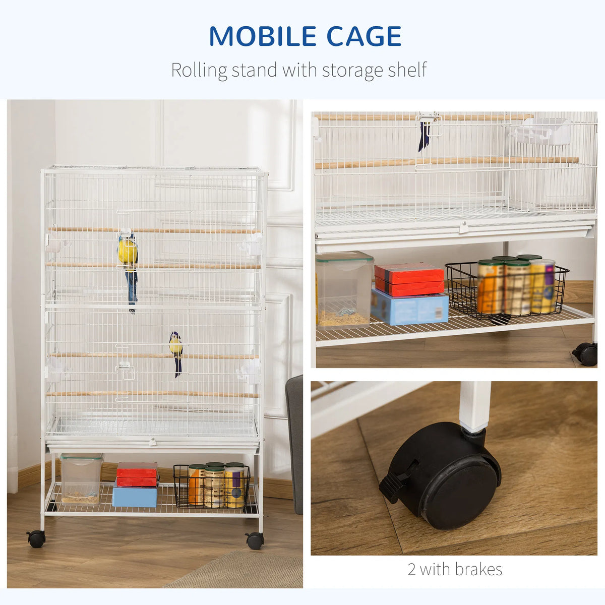 52" Large Rolling Steel Bird Cage Bird House with Rolling Stand, Storage Shelf, Wood Perch, Food Container, White