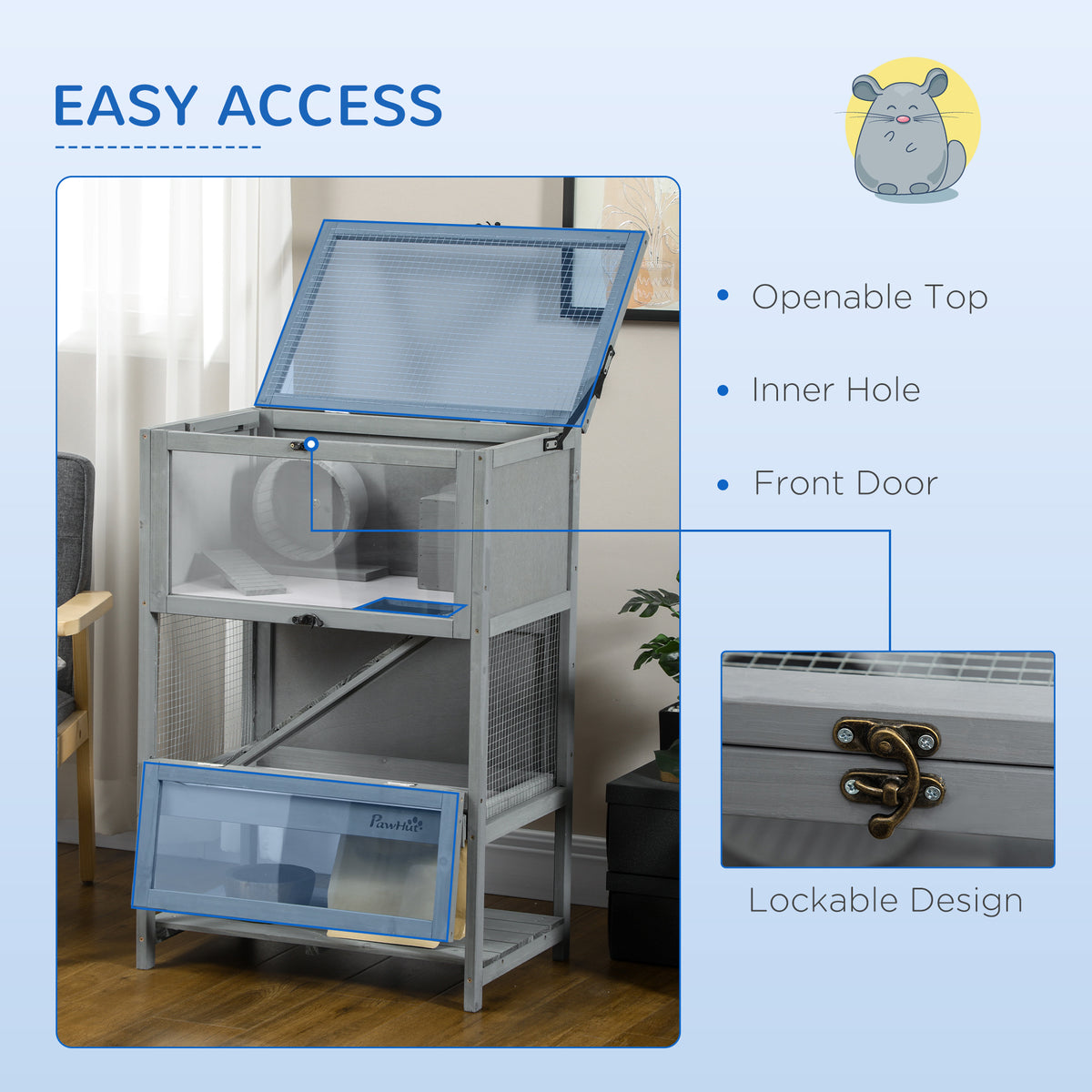 Wooden Hamster Cage with Storage Shelf, Large Rat Mouse Habitat Including Seesaw, Small Animal Cage with Sliding Tray, W