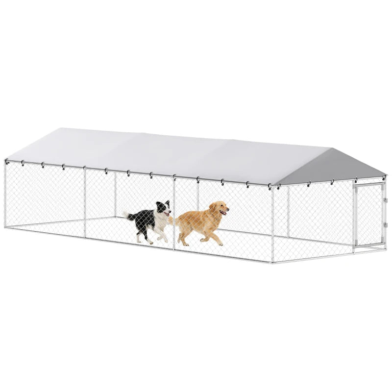 PawHut 20' X 7.5' X 5' Dog Kennel Outdoor For Large Dogs With Waterproof Roof, Silver,For Multiple Parcels Of Goods, Ple