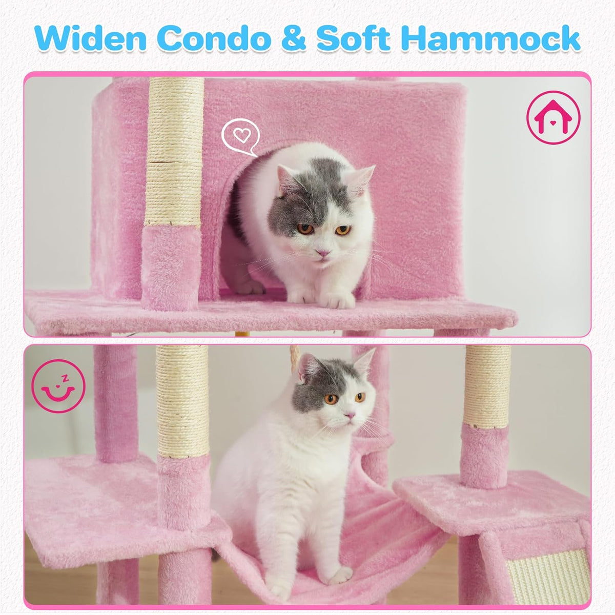 ABCPET 63-inch Multi-level Cat Climbing Frame, Indoor Cat Sisal Scratch Post, Cat Bed, Hammock, Hanging Ball, Extension 