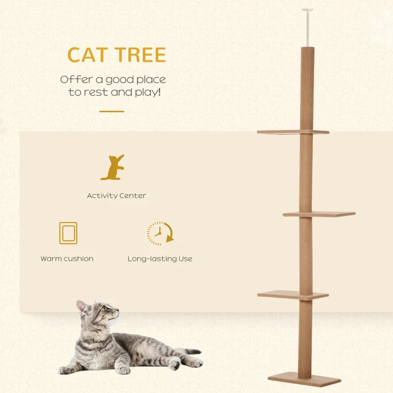 PawHut Floor-to-Ceiling Cat Tree Cat Climbing Tower With Sisal-Covered Scratching Posts Natural Cat Tree Activity Center