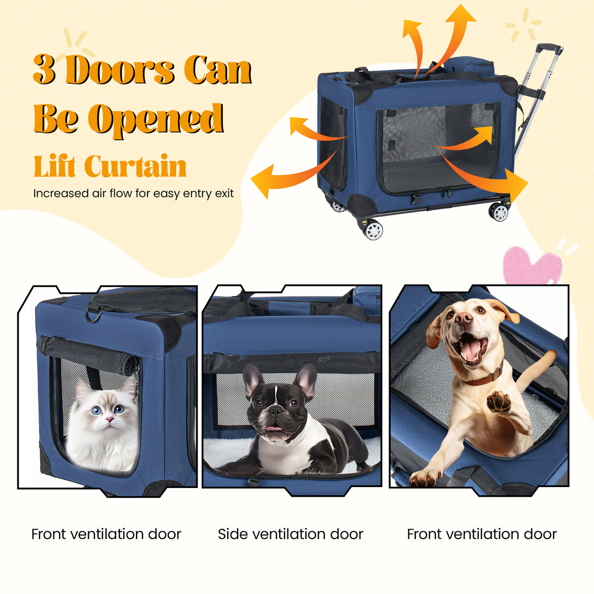 2 In 1, 28 Collapsible Travel Dog Crate For Medium Large Dogs, Rolling Pet Carrier With Wheels, 3-Door Portable Folding 