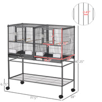 Divided Breeder Bird Cage with Rolling Stand Removable Metal Tray, Storage Shelf, Wood Perch, and Food Container