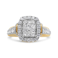 14K Yellow and White Gold 1.00 Cttw Princess and Round Cut Emerald Shaped Halo Diamond Cluster Ring (SI1-SI2 Clarity, H-I Color) - Size 7