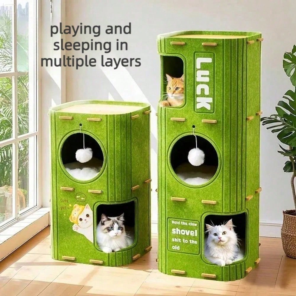 Multi Level Felt Cat Tree House, Vertical Cat Scratcher Tower With Multiple Hideaway Nests, Interactive Hanging Ball Toy