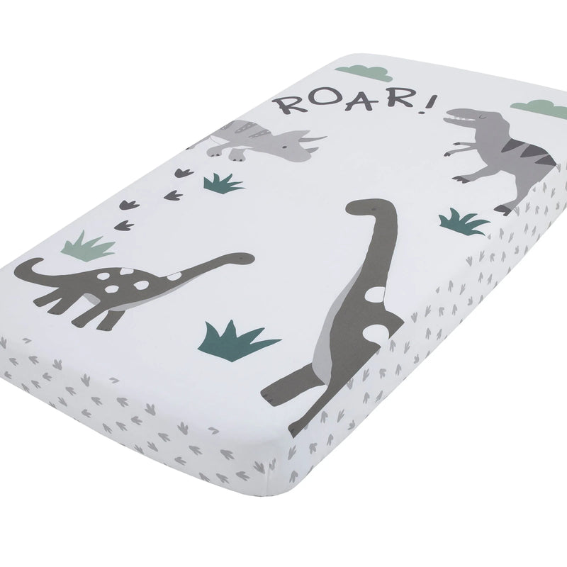 Baby-Saurus Photo Op ROAR White, Gray, and Green Dinosaur with Clouds Nursery Fitted Crib Sheet - BIG FRENCHIES