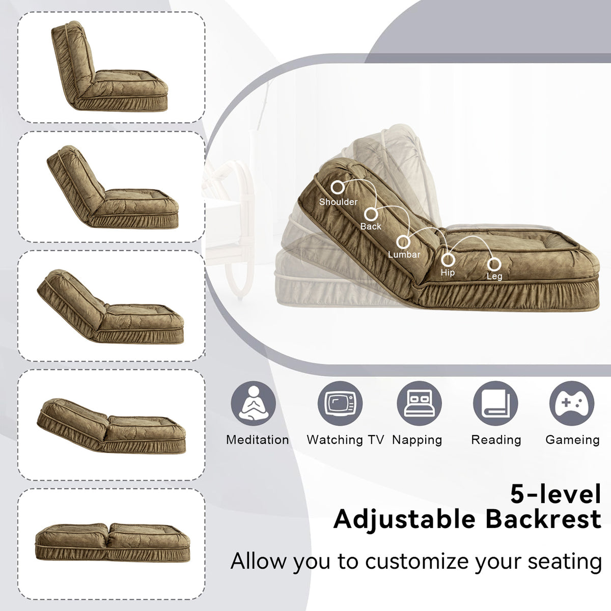 Upholstered Human Dog Bed for Adult & Pets,with 5 Adjustable Position &Massage Pillow, Bean Bag floor sofa with 2 Soft P