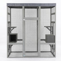 Gray Wooden Catio Pet Enclosure with Waterproof Top, Spacious and Secure Cat House & Small Animal Cage,2 Napping Boxes