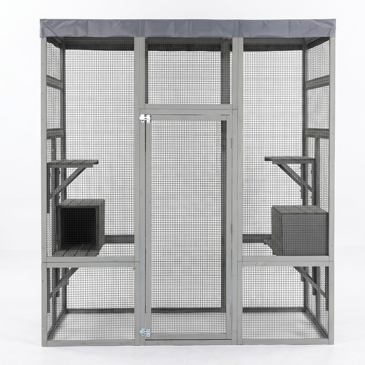 Gray Wooden Catio Pet Enclosure with Waterproof Top, Spacious and Secure Cat House & Small Animal Cage,2 Napping Boxes