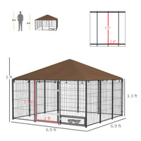 6.9 x 6.9 x 5 Outdoor Dog Kennel with Canopy Garden Playpen Fence Crate Enclosure Cage Rotating Bowl, Coffee