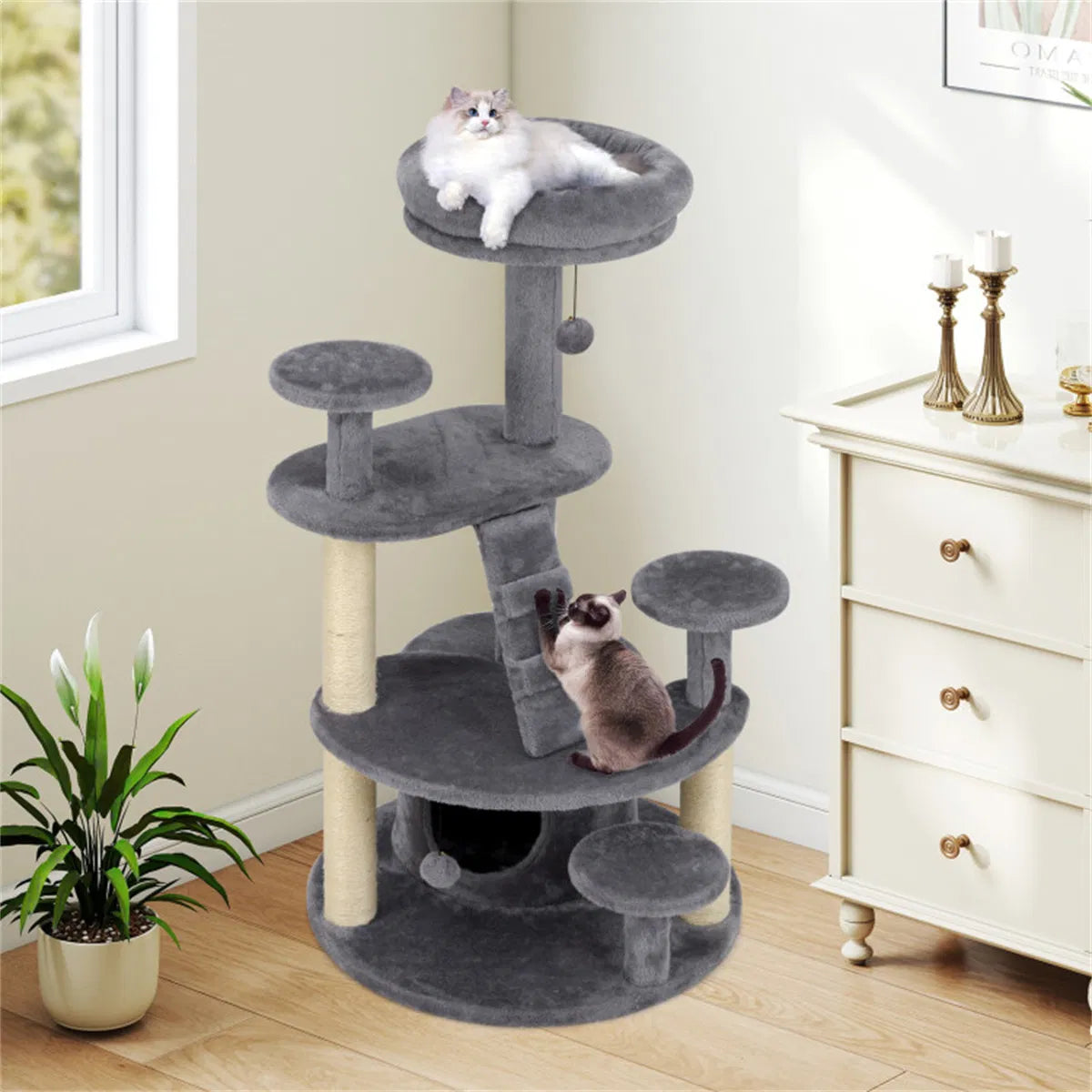 40" Multi-Level Cat Tree for Munchkin & Old Cats - Stable Wide Base, Soft Padded Perch + Large Condo (Gray)