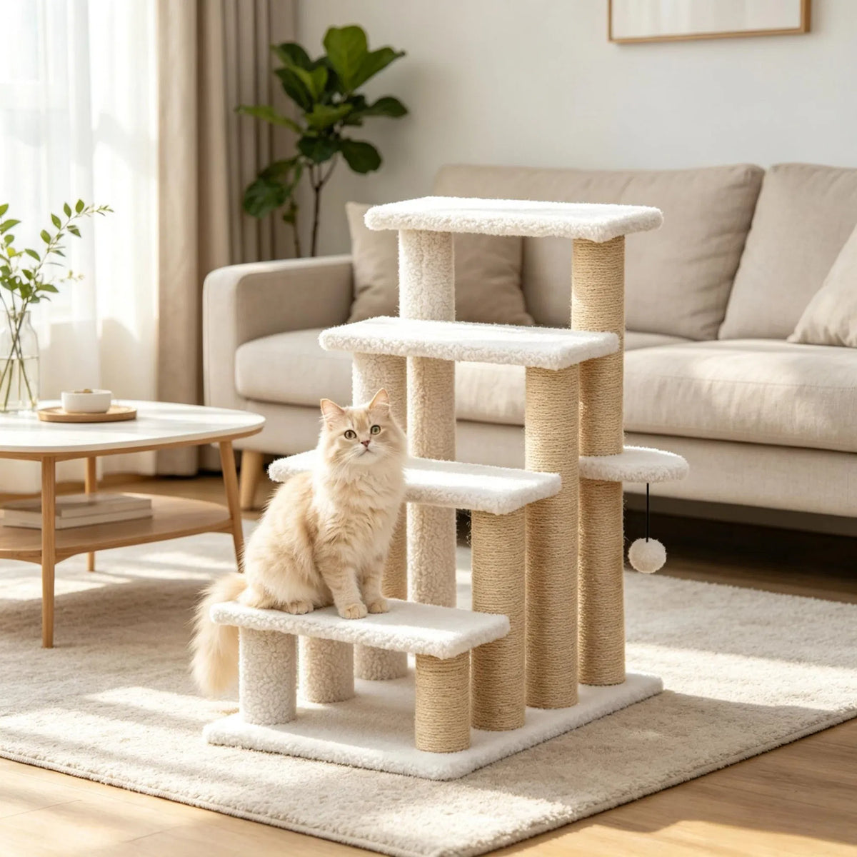 4 Levels Cat Steps with Scratching Posts for High Bed, Sofa, Non-slip Sturdy Pet Climbing Ladder for Indoor Cats, White