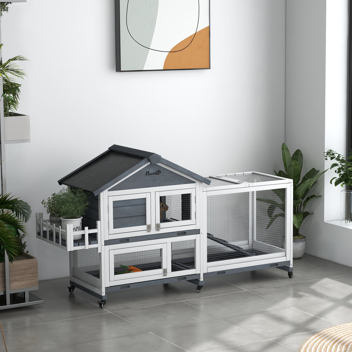 65" Wooden Rabbit Hutch, Pet Playpen with Openable Roof & Storage Box for Rabbits and Small Animals, Gray