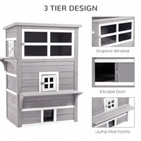 Outdoor Cat House, 3-Tier Kitty Shelter with 5 Escape Doors, Weather Resistant, Gray & White