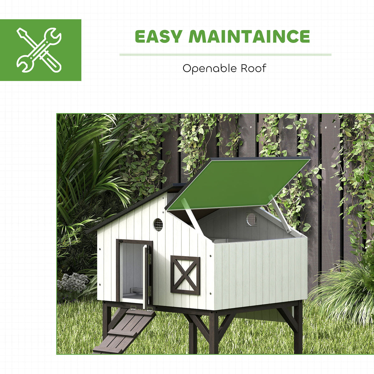 Chicken Coop Hen House with Nesting Box, Elevated Rabbit Hutch with Ramp, Asphalt Openable Roof and Elevated Legs