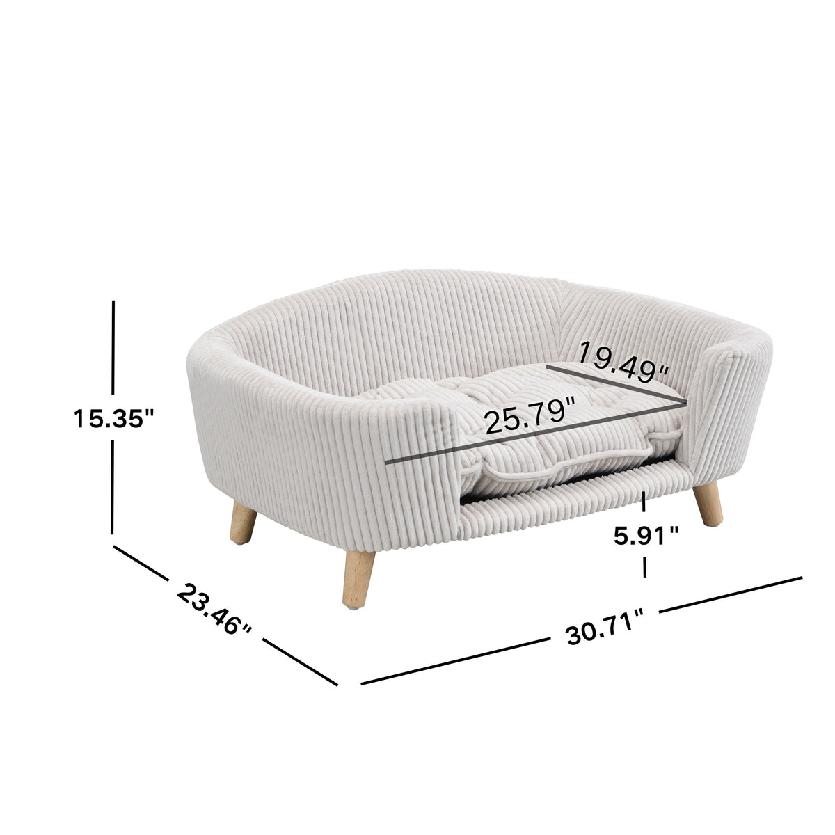 Elevated Dog Bed Frame for Small Dog, Corduroy Pet Couch Bed with Rubber Wood Legs and Supportive Foam, Beige , Easy Ass