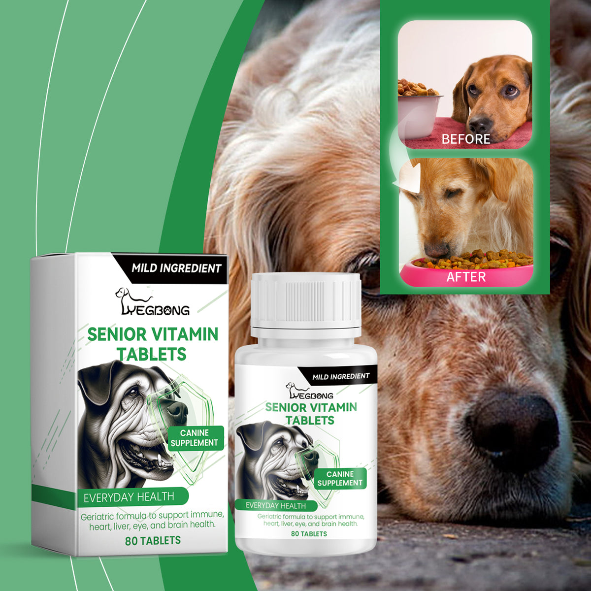 Senior Dog Vitamin Tablets, Multivitamin Supplement For Older Dogs, Support Immunity, Eyes, Skin & Bone Health, 80 Chewa